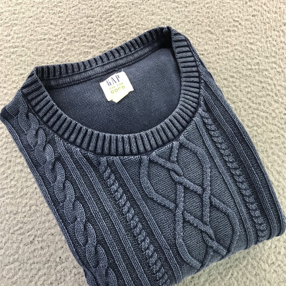 GAP Sweater Mens Large Washed Navy Cable Knit Cotton Fisherman Crewneck Jumper